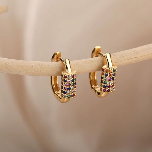 Gold Plated Stainless Steel Huggies Rainbow CZ Earrings NWT - Picture 3 of 7